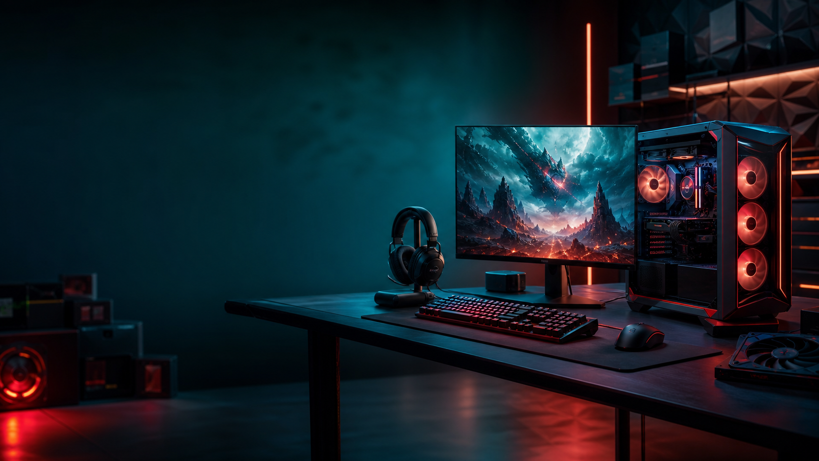 High-end PC gaming desk with desktop tower and monitor
